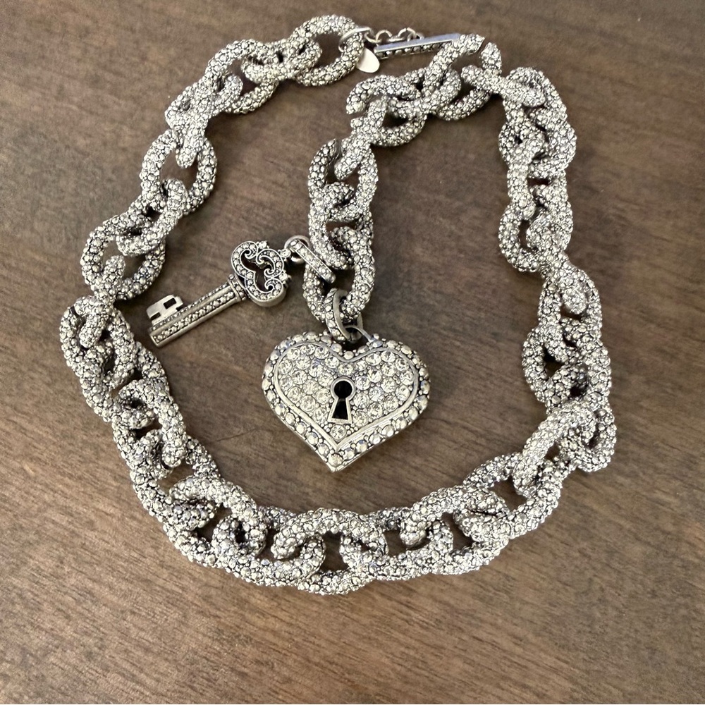Silver Crystal Heart Lock Charm Necklace and Earrings Set - Picture 2 of 4